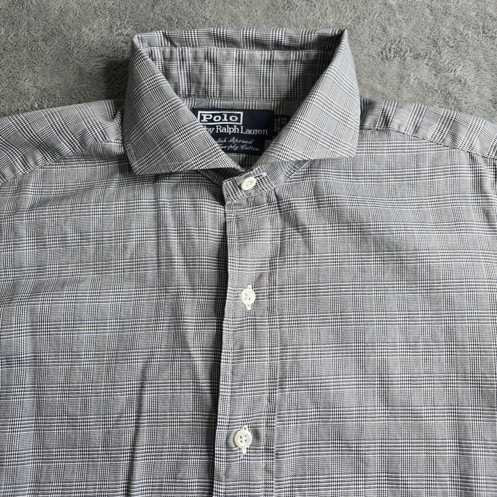 Polo Ralph Lauren English Spread Collar Mens 15-33 Gray Windowpane 2-Ply Cotton